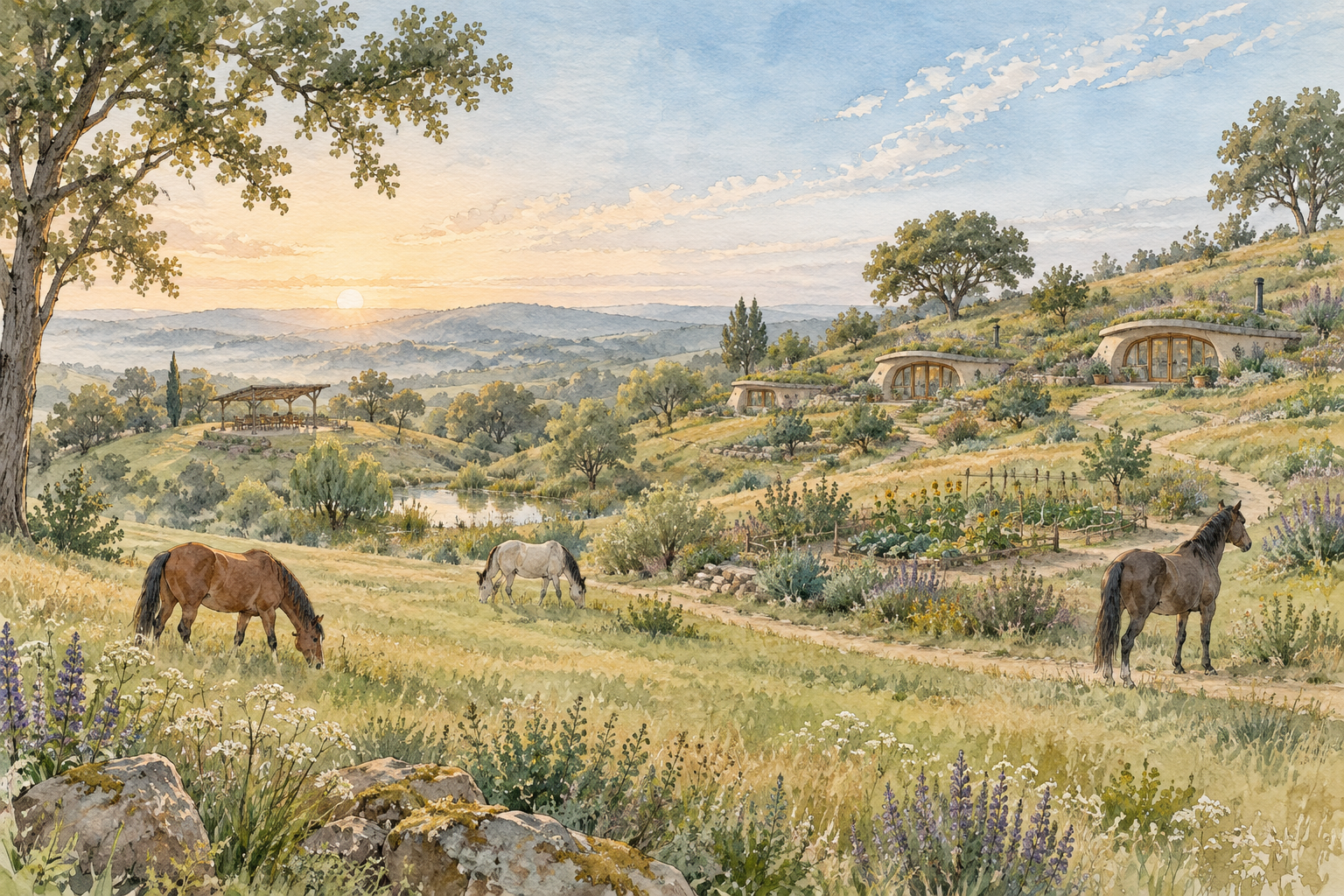 An imagined landscape of horses, gardens, and earth-sheltered homes in rolling pasture